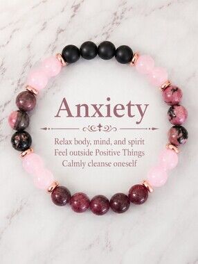 Anxiety Relief Crystal Bracelet Pink Rhodonite Rose Quartz Stretch Beaded
